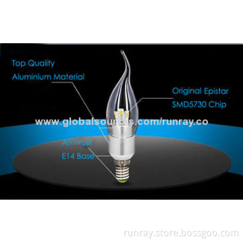 3W E14 LED Bulb, Energy-saving, 85-265V AC, Epistar Chip, CE/RoHS, 80Ra CRI, ISO 9001 FactoryNew